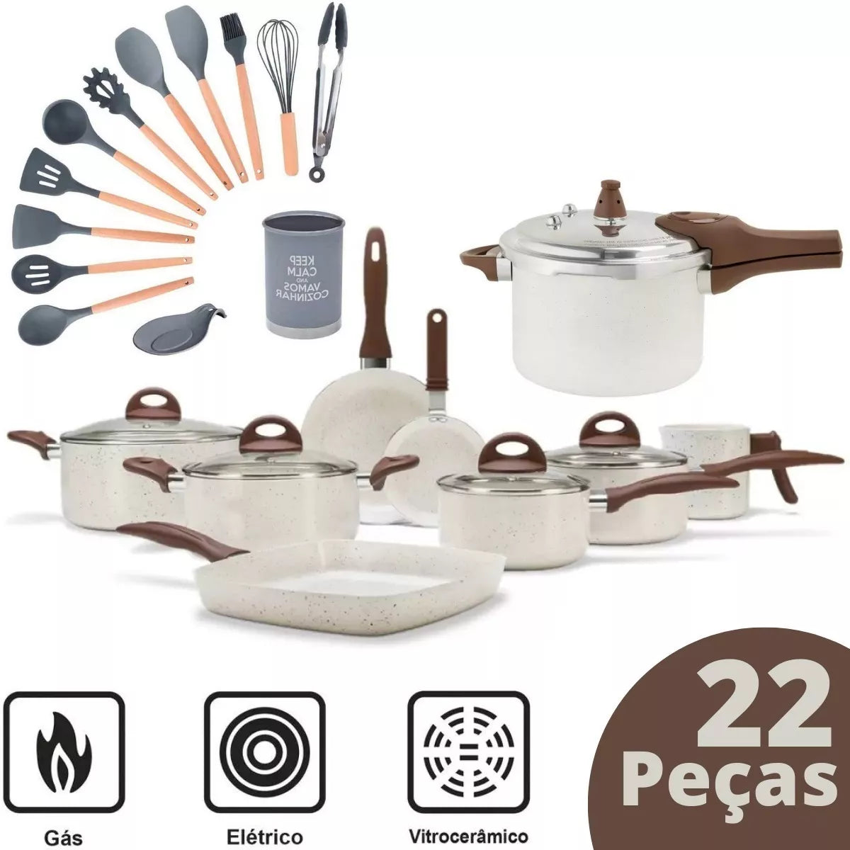 Panelas Antiaderentes Ceramic Premium  Vanilla + Kit Utensílios em Silicone - Apenas para Hoje, Celebre Conosco o Aniversário da Loja!